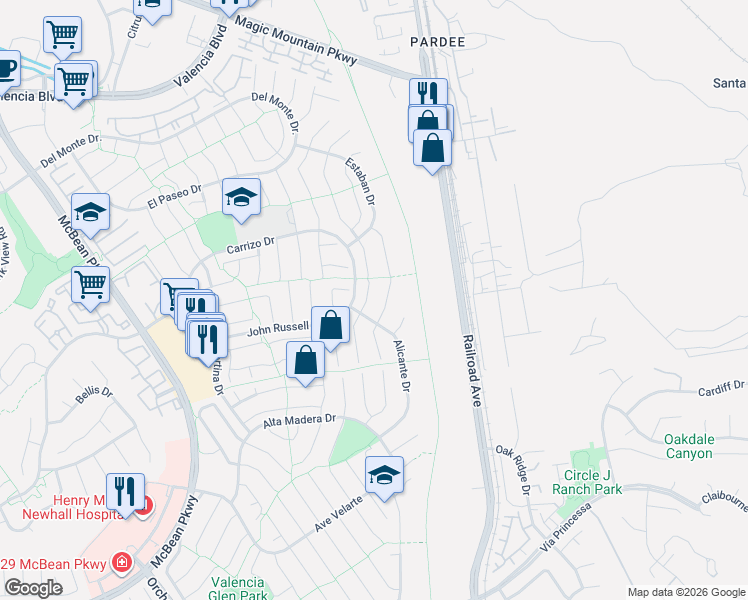 map of restaurants, bars, coffee shops, grocery stores, and more near 25748 Leticia Drive in Santa Clarita