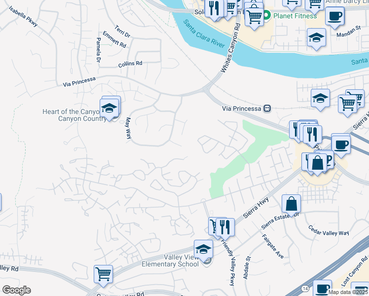 map of restaurants, bars, coffee shops, grocery stores, and more near 19606 Sunrise Summit in Santa Clarita