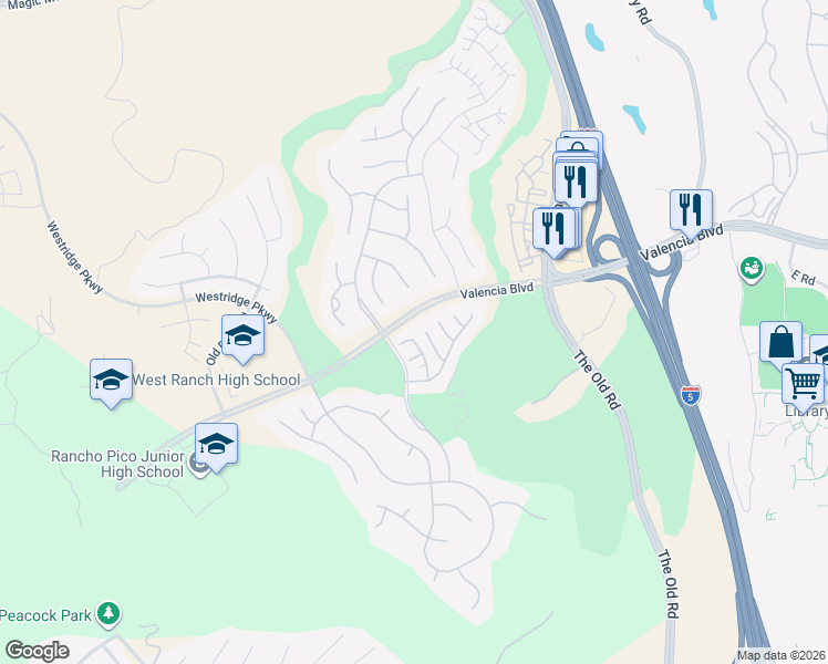 map of restaurants, bars, coffee shops, grocery stores, and more near 25605 Via Viejo in Los Angeles County