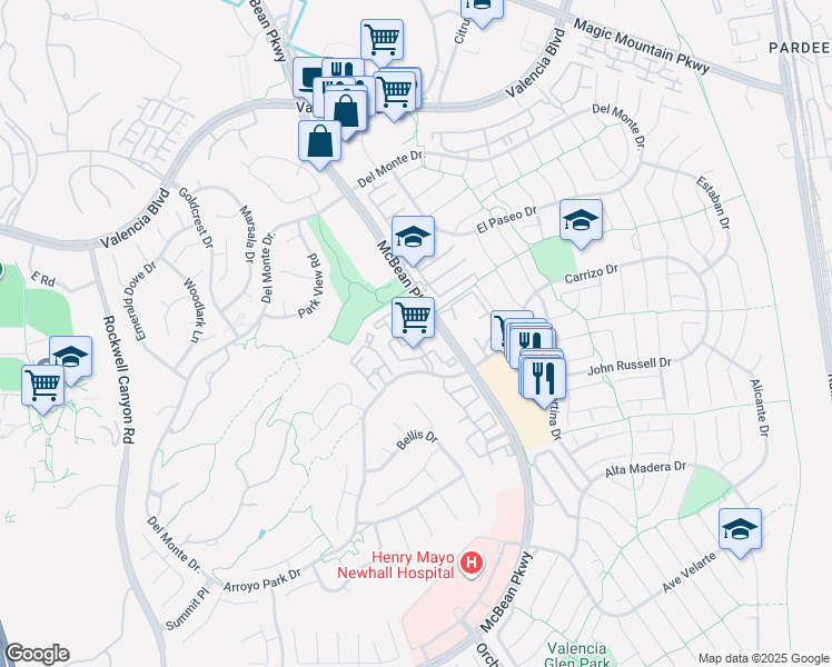 map of restaurants, bars, coffee shops, grocery stores, and more near 23963 Arroyo Park Drive in Santa Clarita