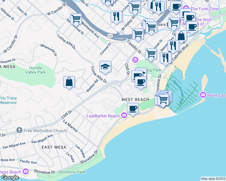 map of restaurants, bars, coffee shops, grocery stores, and more near 831 Cliff Drive in Santa Barbara