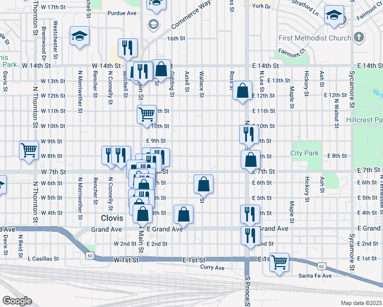 map of restaurants, bars, coffee shops, grocery stores, and more near 404 East 8th Street in Clovis