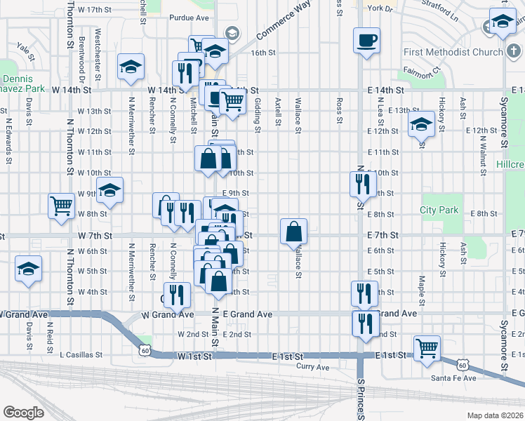 map of restaurants, bars, coffee shops, grocery stores, and more near 700-798 Gidding St in Clovis