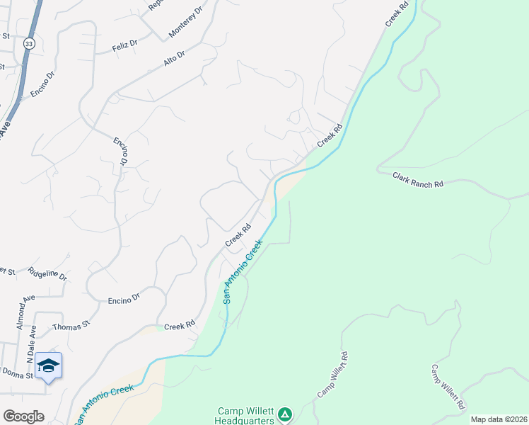 map of restaurants, bars, coffee shops, grocery stores, and more near 10864 Creek Road in Ojai