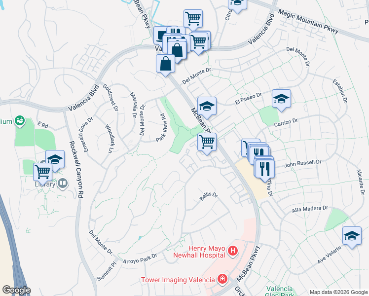 map of restaurants, bars, coffee shops, grocery stores, and more near 24013 Arroyo Park Drive in Santa Clarita