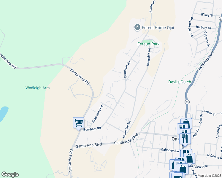 map of restaurants, bars, coffee shops, grocery stores, and more near 255 Burnham Road in Oak View