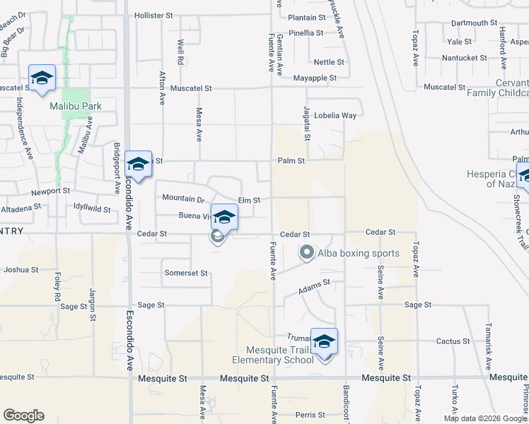 map of restaurants, bars, coffee shops, grocery stores, and more near 13674 Buena Vista Drive in Hesperia