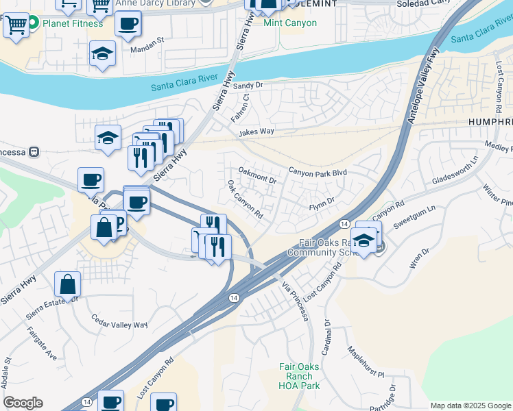 map of restaurants, bars, coffee shops, grocery stores, and more near 18326 Oak Canyon Road in Los Angeles County