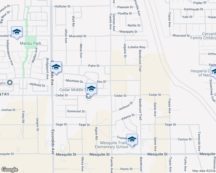 map of restaurants, bars, coffee shops, grocery stores, and more near 13674 Buena Vista Drive in Hesperia