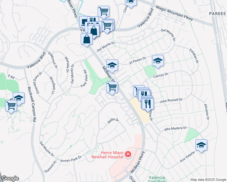map of restaurants, bars, coffee shops, grocery stores, and more near 23963 Arroyo Park Drive in Santa Clarita
