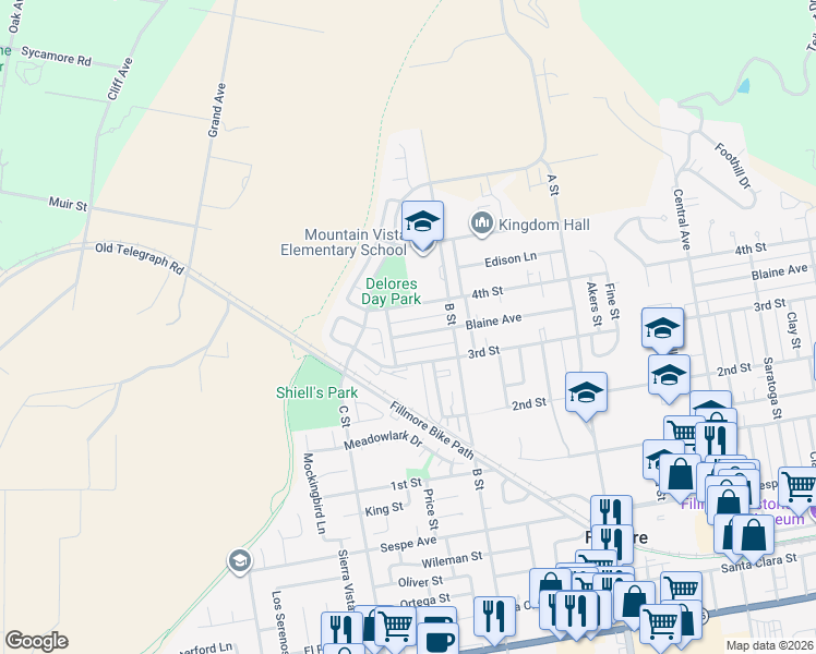 map of restaurants, bars, coffee shops, grocery stores, and more near 949 Blaine Avenue in Fillmore