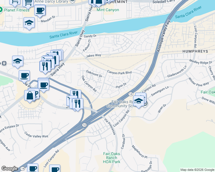 map of restaurants, bars, coffee shops, grocery stores, and more near 27021 Karns Court in Santa Clarita