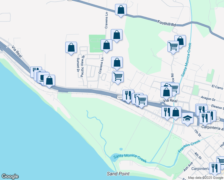 map of restaurants, bars, coffee shops, grocery stores, and more near 1210 Franciscan Court in Carpinteria