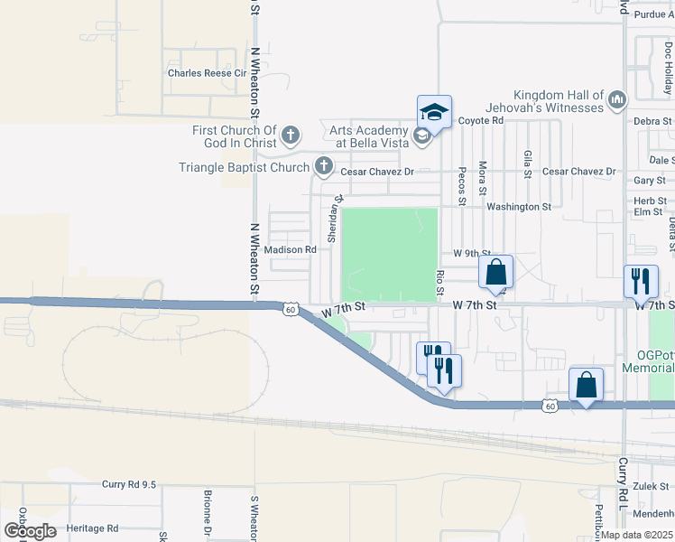 map of restaurants, bars, coffee shops, grocery stores, and more near 3605 Sheridan Street in Clovis