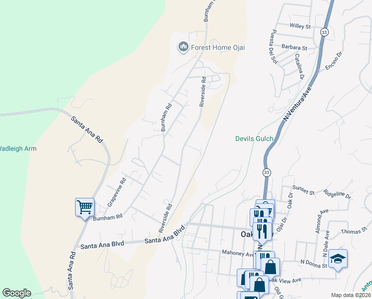 map of restaurants, bars, coffee shops, grocery stores, and more near 350 Riverside Road in Oak View