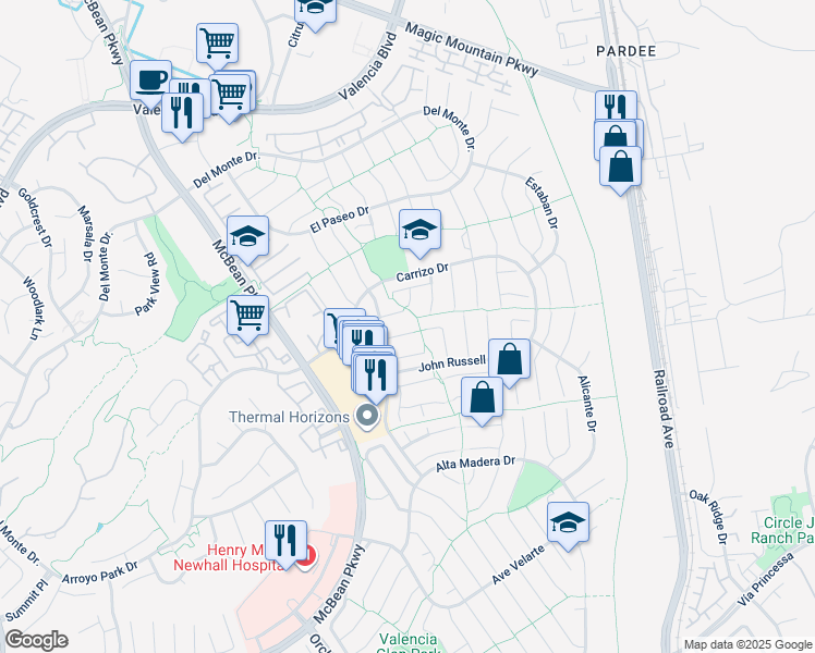 map of restaurants, bars, coffee shops, grocery stores, and more near 23611 Latana Court in Santa Clarita