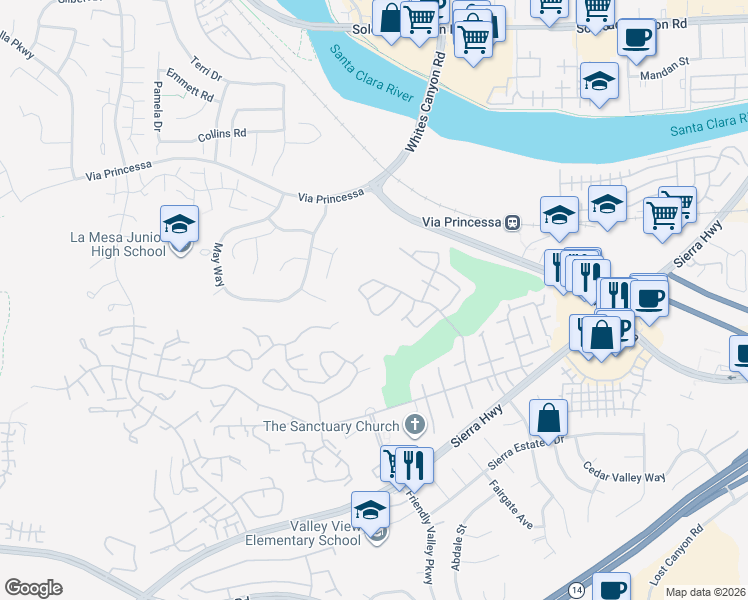 map of restaurants, bars, coffee shops, grocery stores, and more near 26739 Winsome Circle in Santa Clarita