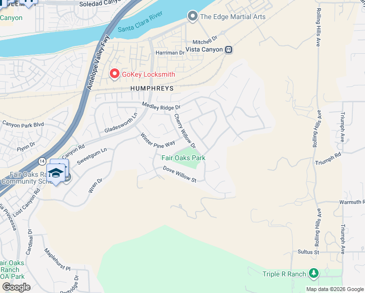 map of restaurants, bars, coffee shops, grocery stores, and more near 17425 Honey Maple Street in Santa Clarita
