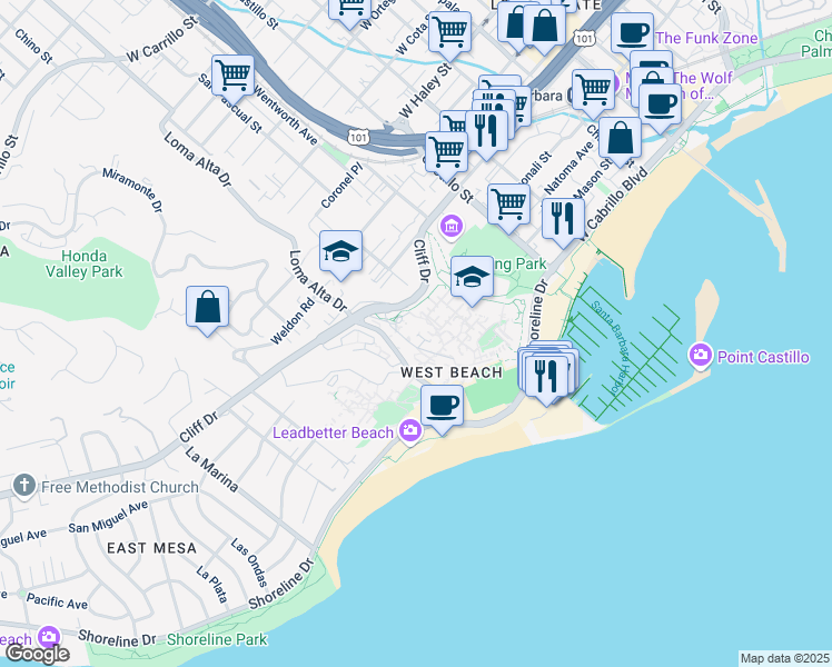 map of restaurants, bars, coffee shops, grocery stores, and more near 721 Cliff Drive in Santa Barbara