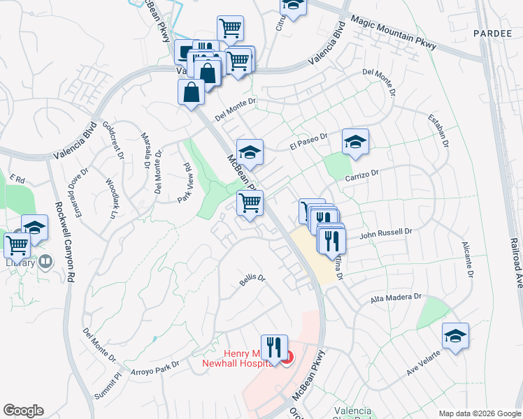 map of restaurants, bars, coffee shops, grocery stores, and more near 26101 McBean Parkway in Santa Clarita