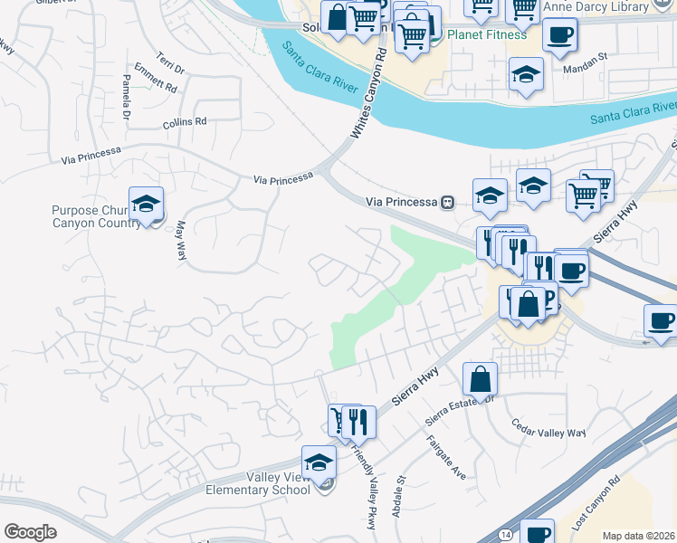 map of restaurants, bars, coffee shops, grocery stores, and more near 26751 Winsome Circle in Santa Clarita