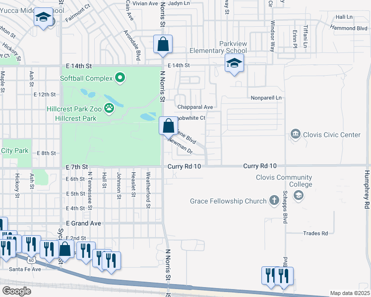 map of restaurants, bars, coffee shops, grocery stores, and more near 208 Burro Trail in Clovis