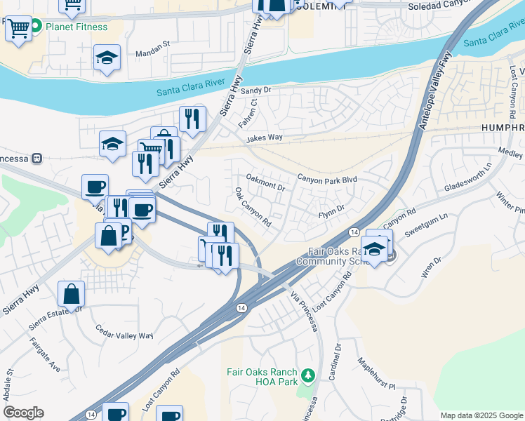 map of restaurants, bars, coffee shops, grocery stores, and more near 18326 Oak Canyon Road in Los Angeles County