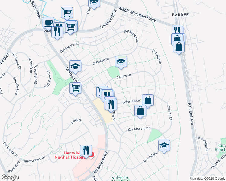 map of restaurants, bars, coffee shops, grocery stores, and more near 23732 Vía Tomas in Santa Clarita