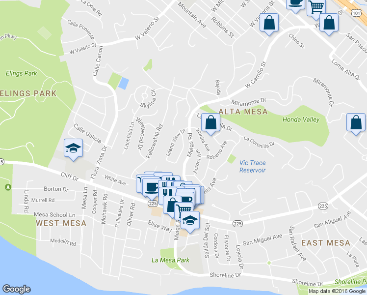 map of restaurants, bars, coffee shops, grocery stores, and more near Surf View Drive in Santa Barbara