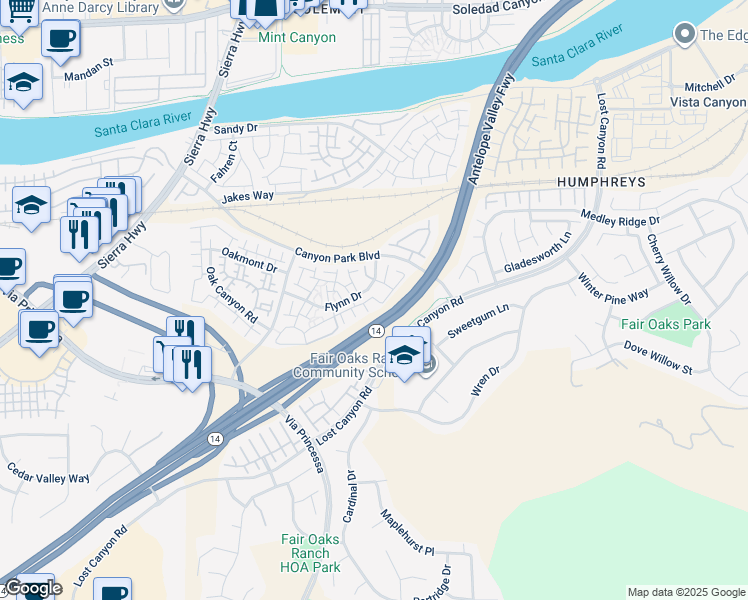 map of restaurants, bars, coffee shops, grocery stores, and more near 18038 Flynn Drive in Santa Clarita