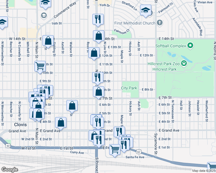 map of restaurants, bars, coffee shops, grocery stores, and more near 805 North Lea Street in Clovis