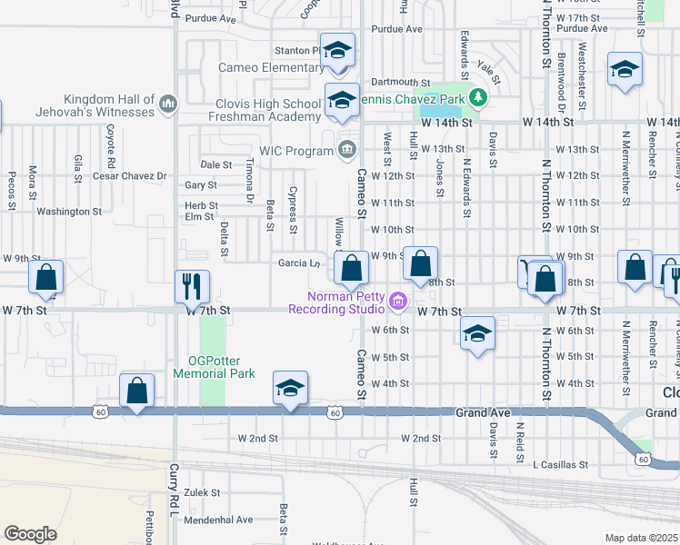 map of restaurants, bars, coffee shops, grocery stores, and more near 116 Cedar Street in Clovis