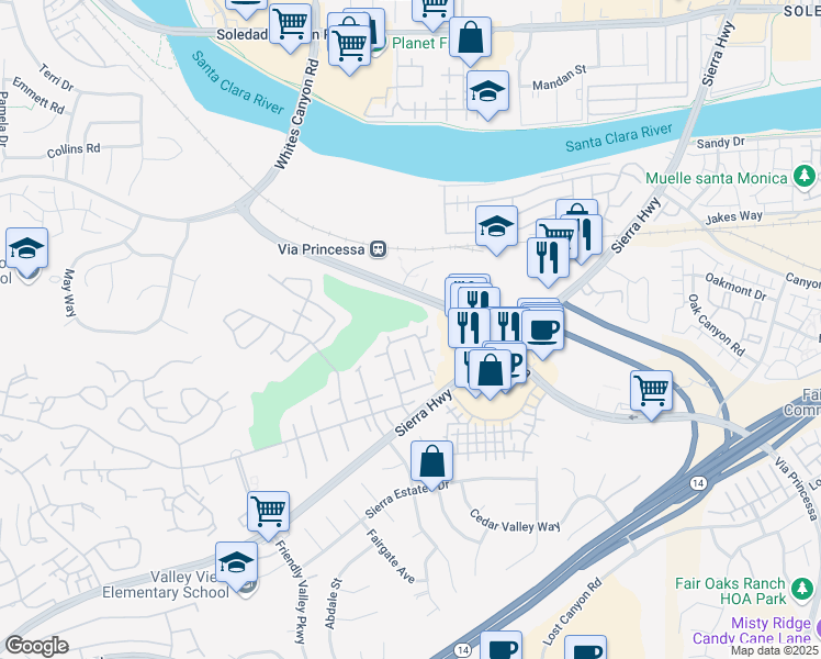map of restaurants, bars, coffee shops, grocery stores, and more near 18907 Circle of the Oaks in Santa Clarita