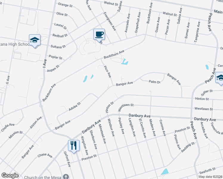 map of restaurants, bars, coffee shops, grocery stores, and more near 17751 Bangor Avenue in Hesperia
