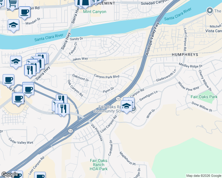 map of restaurants, bars, coffee shops, grocery stores, and more near Flynn Dr & Erik Ct in Los Angeles