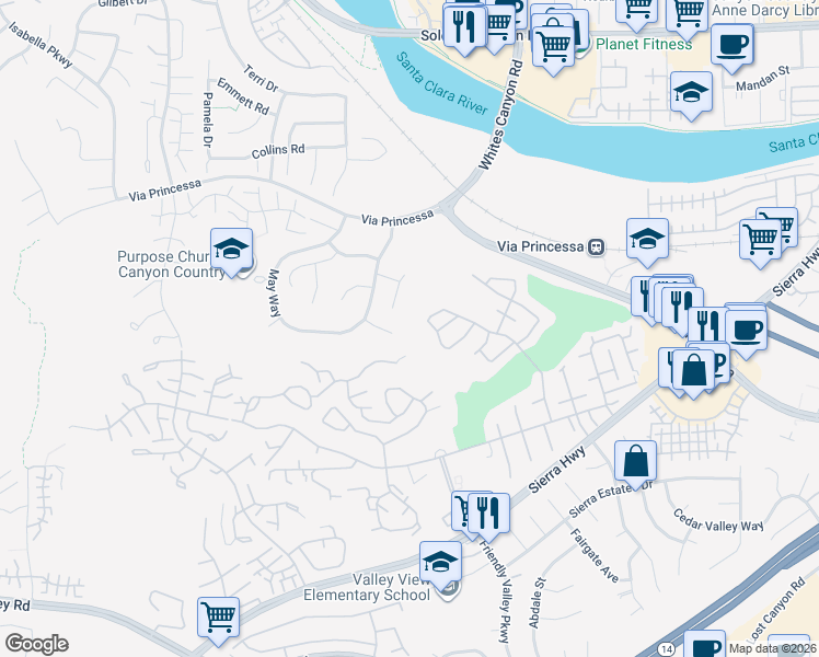 map of restaurants, bars, coffee shops, grocery stores, and more near 19594 Eleven Court in Santa Clarita