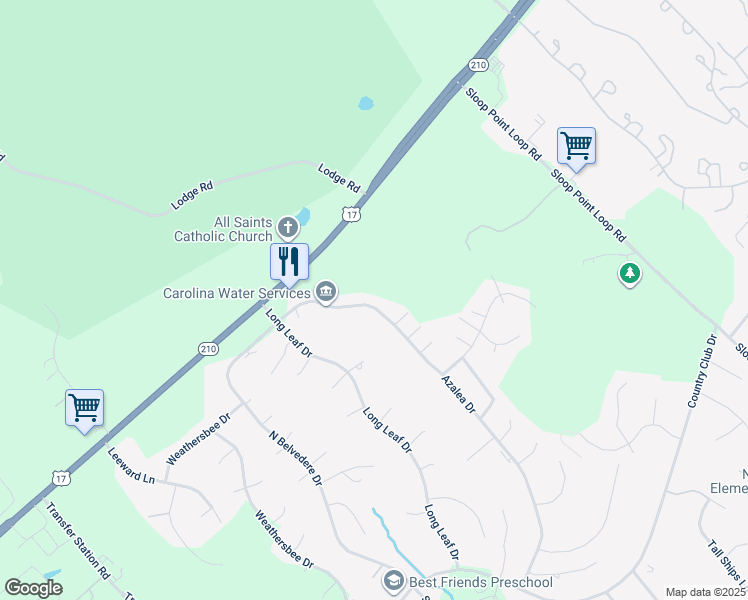 map of restaurants, bars, coffee shops, grocery stores, and more near 127 Azalea Drive in Hampstead