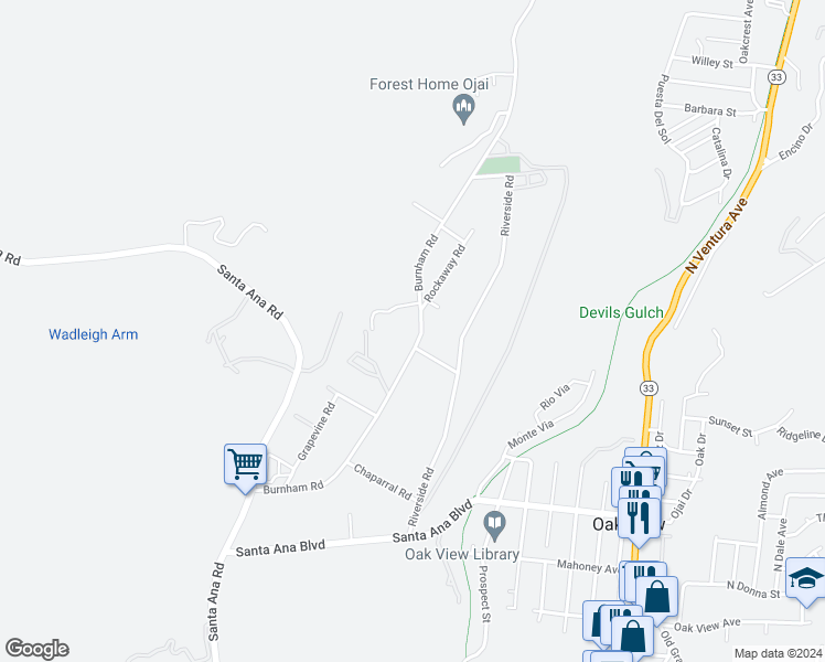 map of restaurants, bars, coffee shops, grocery stores, and more near Burnham Road in Oak View