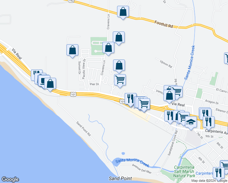 map of restaurants, bars, coffee shops, grocery stores, and more near 1210 Franciscan Court in Carpinteria