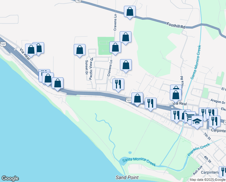 map of restaurants, bars, coffee shops, grocery stores, and more near in Carpinteria