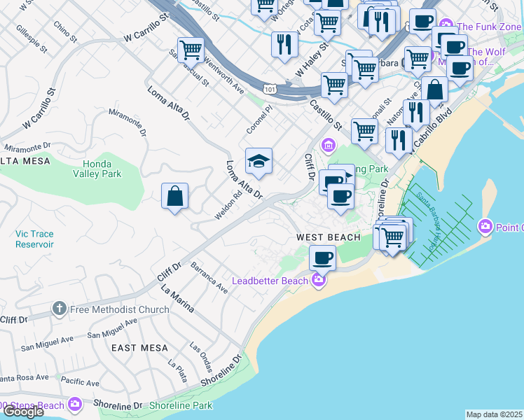 map of restaurants, bars, coffee shops, grocery stores, and more near 831 Cliff Drive in Santa Barbara