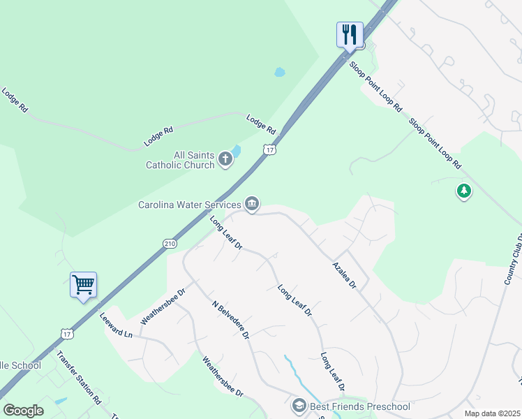 map of restaurants, bars, coffee shops, grocery stores, and more near 113 Azalea Drive in Hampstead