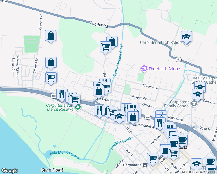 map of restaurants, bars, coffee shops, grocery stores, and more near 4311 Verano Drive in Carpinteria