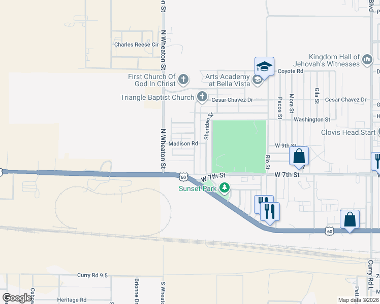 map of restaurants, bars, coffee shops, grocery stores, and more near 3705 Cesar Chavez Drive in Clovis