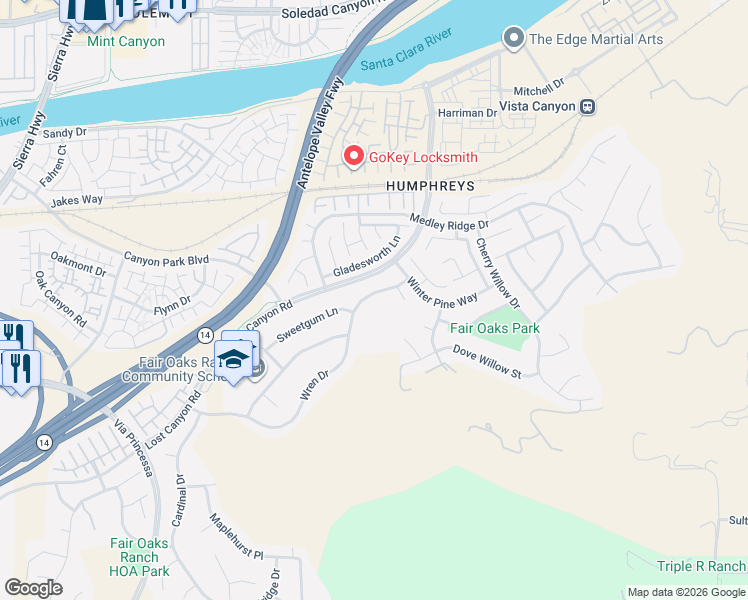 map of restaurants, bars, coffee shops, grocery stores, and more near 17634 Wren Drive in Santa Clarita