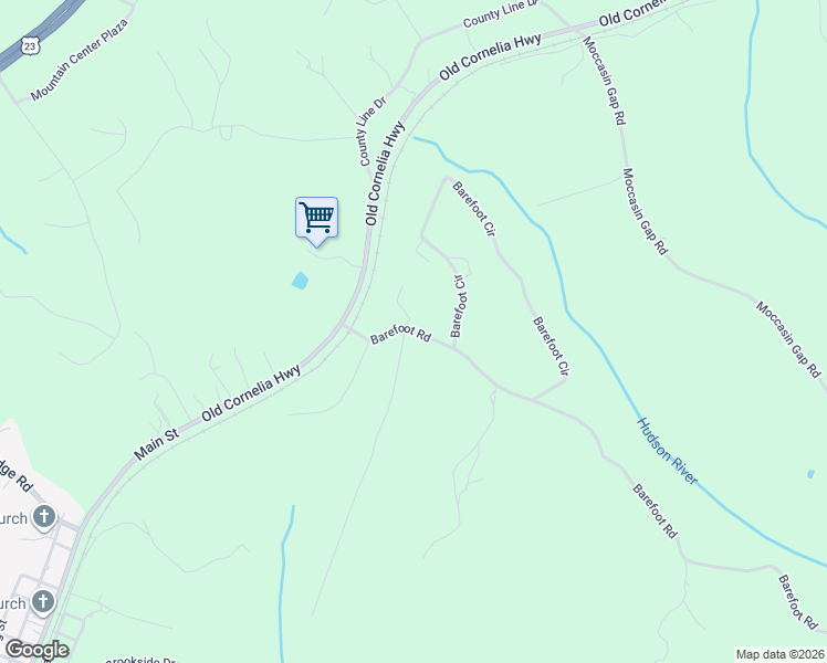 map of restaurants, bars, coffee shops, grocery stores, and more near Barefoot Road in Lula