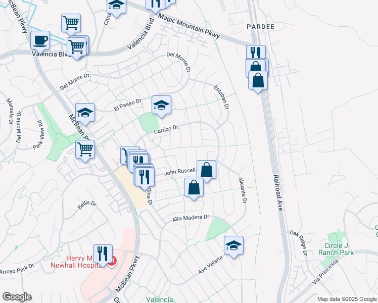 map of restaurants, bars, coffee shops, grocery stores, and more near 25842 Vaquero Court in Santa Clarita