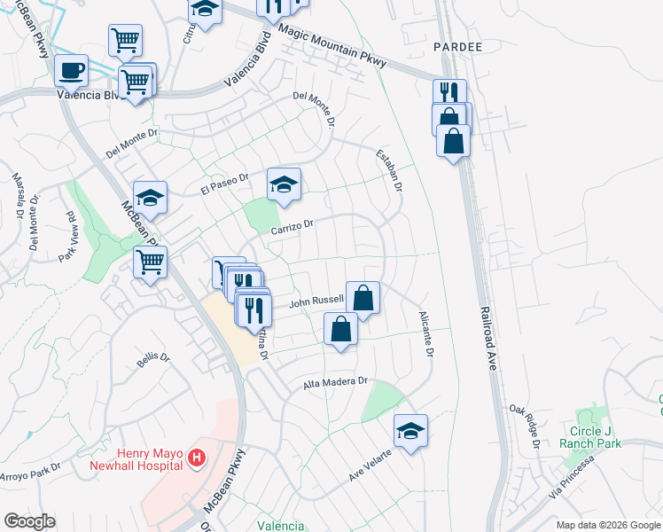 map of restaurants, bars, coffee shops, grocery stores, and more near 25842 Vaquero Court in Santa Clarita