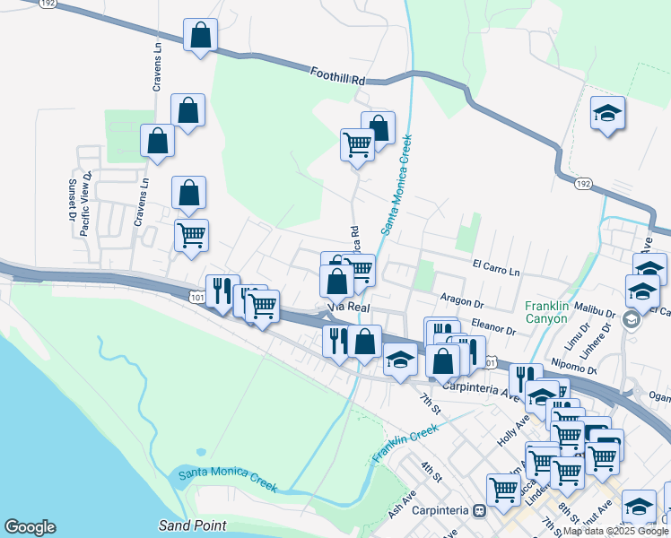 map of restaurants, bars, coffee shops, grocery stores, and more near 4248 Via Marcina in Carpinteria