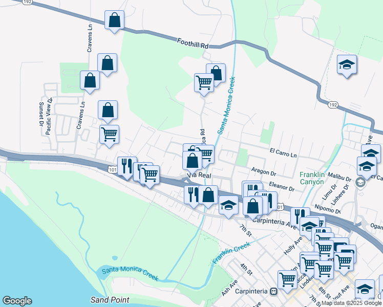 map of restaurants, bars, coffee shops, grocery stores, and more near 1350 Via Latina in Carpinteria